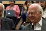 Prof. Peter Higgs, theoretical theorist, receives applause at the CERN event.